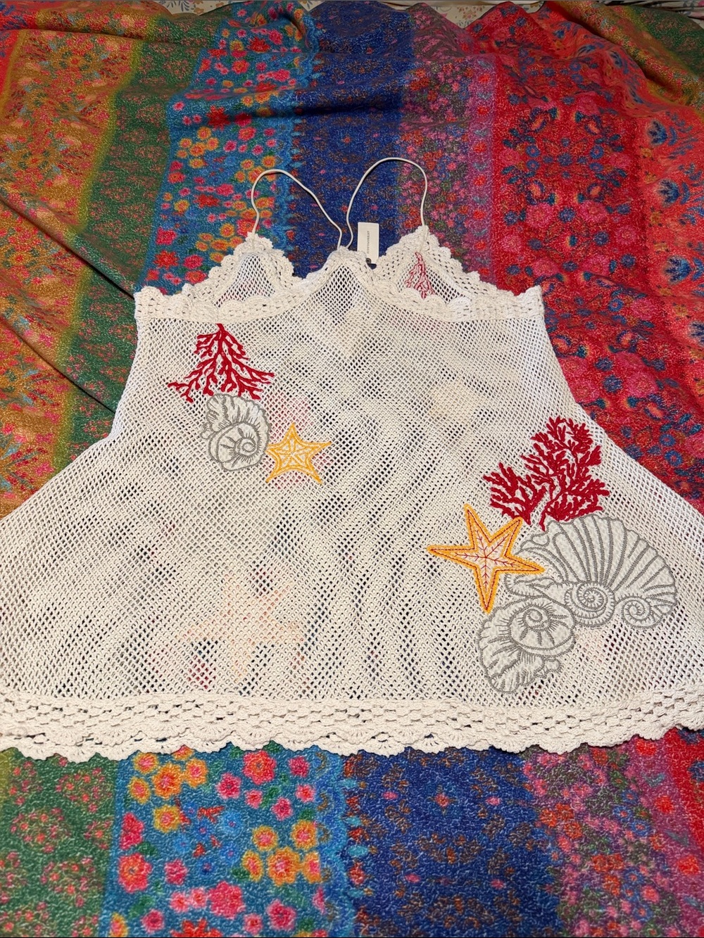 Anthropologie Cream Crochet Mesh Swim Coverup with Red and Yellow Embroidery - Picture 10 of 10